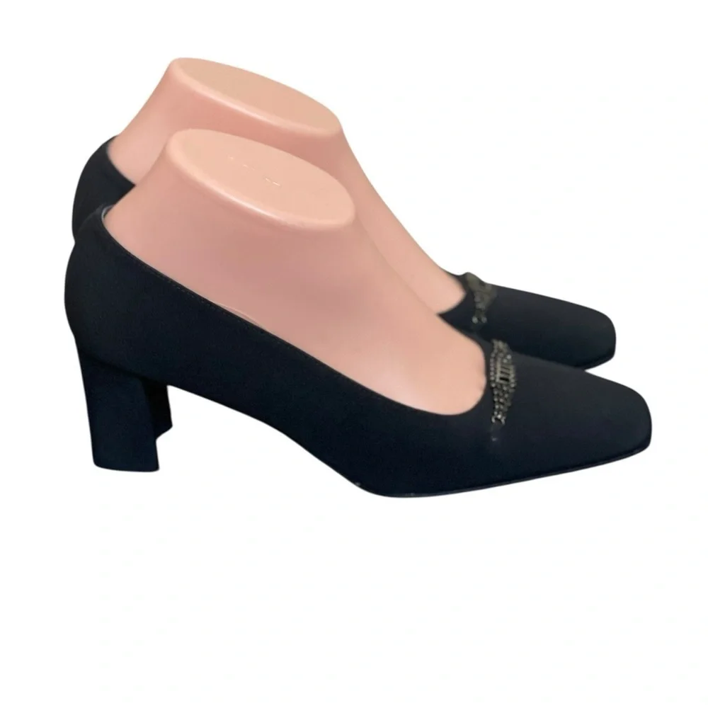 Stuart Weitzman‎ Pump Women's 7.5AA Black Fabric Embellish Slip On Block Heel